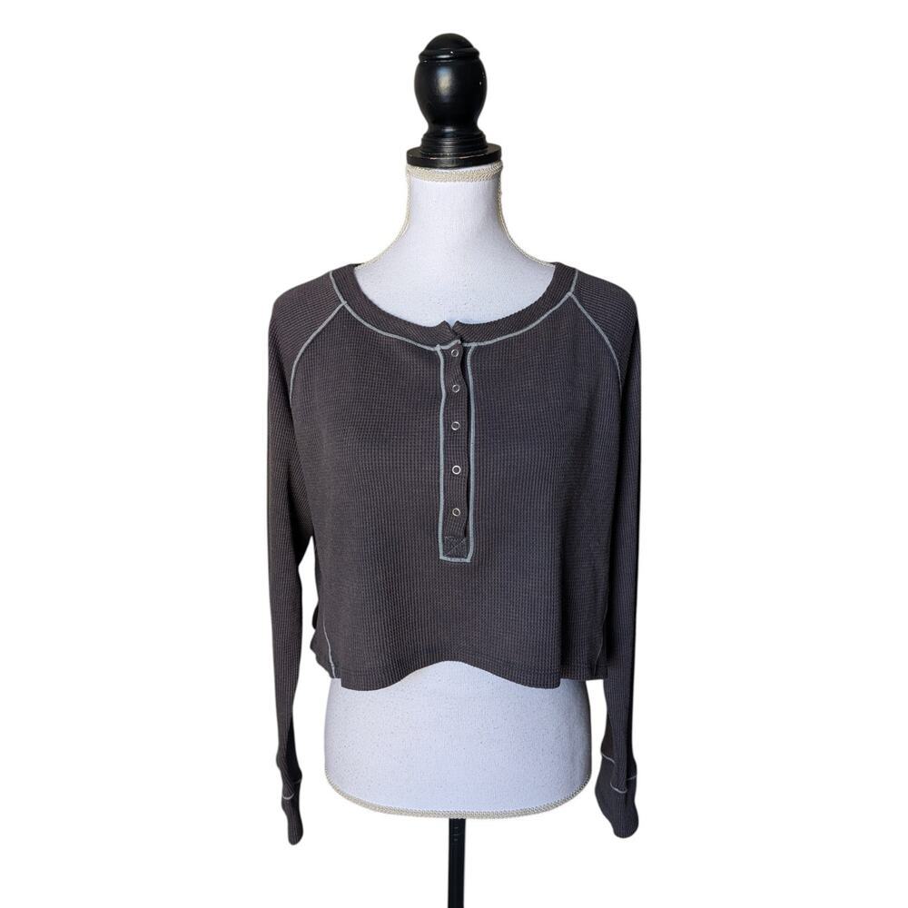 Free People Early Night Cropped Thermal Pullover Charcoal Gray Size Medium